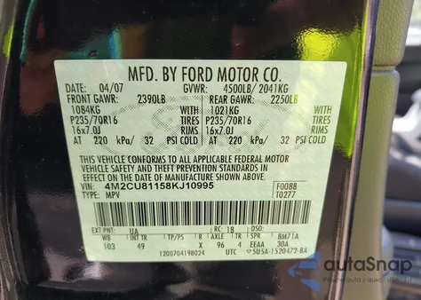 2008 Mercury Mariner from USA, damaged, VIN 4M2CU81158KJ10995